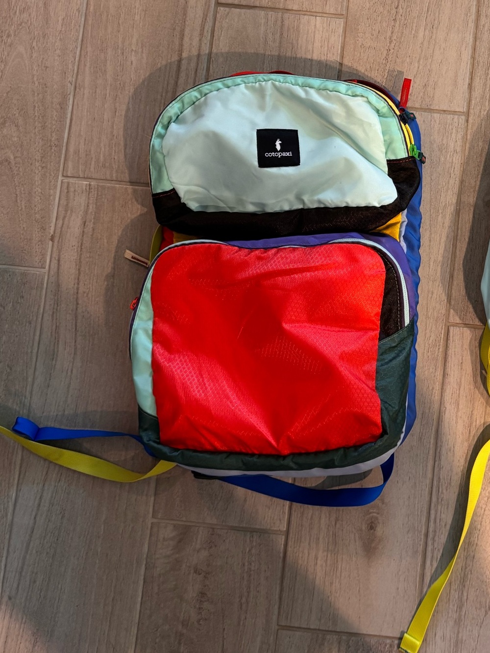 cotopaxi colorblock backpack in green, yellow, blue, purple, red - Picture 2 of 4